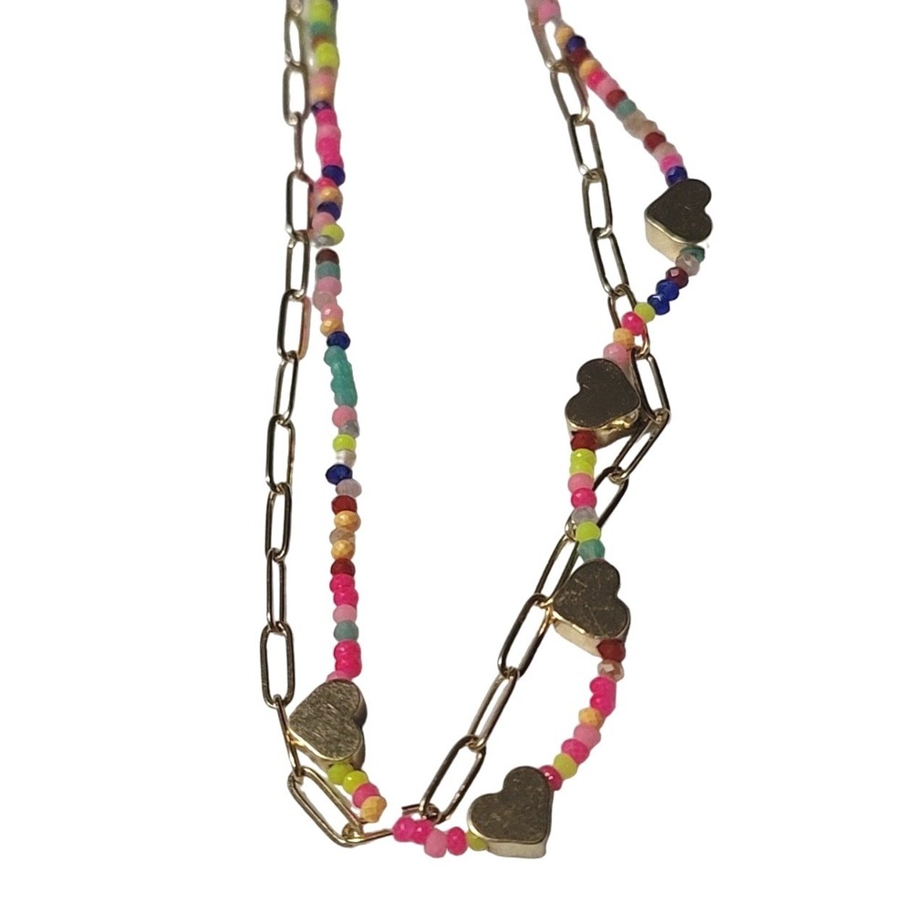 BP Beaded Paperclip Chain Necklace‎ Double Layer Gold Tone Hearts